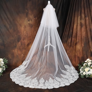 Handmade Ivory Cathedral Wedding Veil: Floral Lace Applique, Royal Bridal Veil