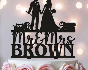 Mechanic Wedding Cake Topper: Bride Dragging Groom, Wrench Tools