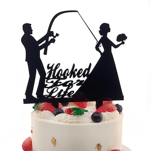 Hooked for Life Wedding Cake Topper: Funny Fishing Groom & Bride