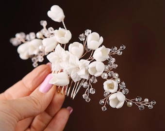 White Porcelain Flower Wedding Hair Comb, Rose Gold Bridal Hairpiece