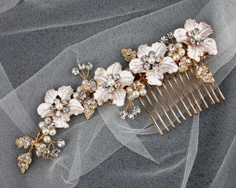 Vintage pearl flowers bridal comb. Gold wedding hair comb. Wedding hair accessories. Bridal hair piece. Flower hair comb SLcomb0583g