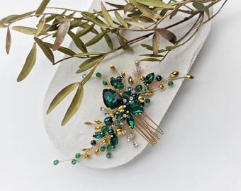 Emerald Crystal Hair Comb, Gold Wedding Hair Piece, Green Wedding Hair Jewelry