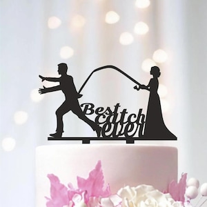Bride Pulling Groom Wedding Cake Topper, Best Catch Ever, Groom Dragging Bride Topper, Fishing Cake Topper, Funny Cake Topper T131