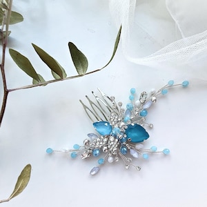 Handmade Blue Opal Crystal Wedding Hair Comb: Silver Bridal Hair Piece