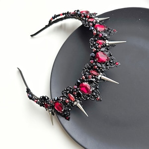 Gothic Bridal Crown: Red & Black Crystal Spiked Tiara