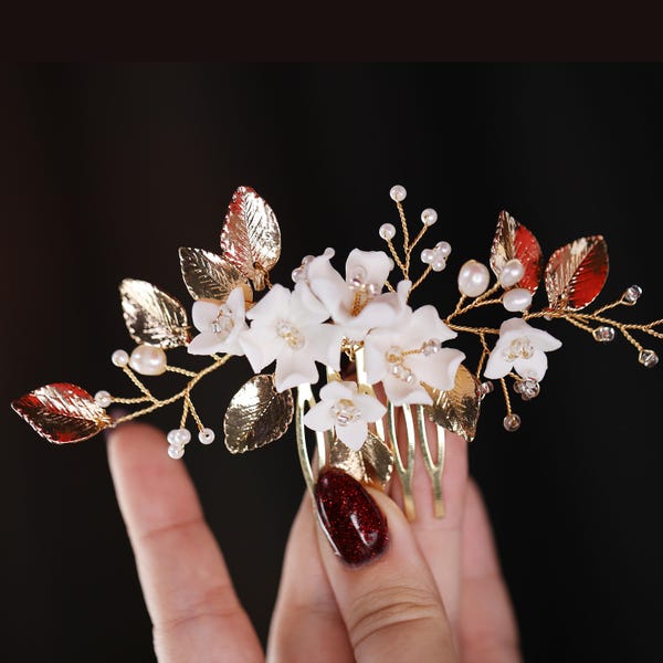 Porcelain Flower Bridal Comb: Gold Wedding Hair Piece