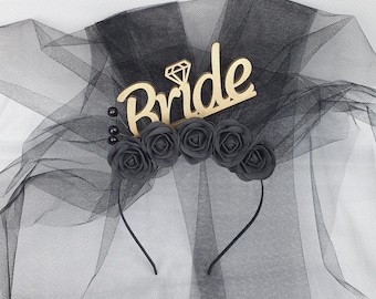Gothic Bride Veil Headband: Black Rose Bridal Shower, Bachelorette Party