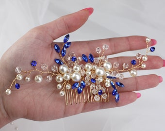 Pearl rhinestone bridal comb. Gold wedding hair comb. Blue crystal wedding hair piece. Wedding hair jewelry. Prom hair comb SLcomb0195bl
