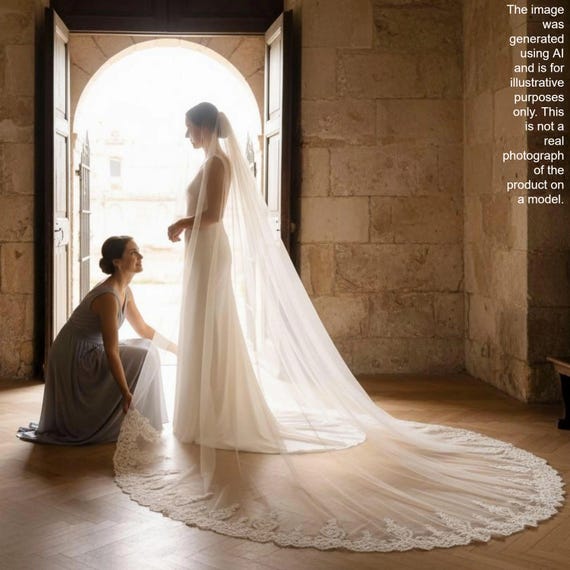 Lace Edge 3.5M Cathedral Wedding Veil - Ivory Cathedral Wedding Veil: Elegant Ivory 3.5m Lace... From  main image 2