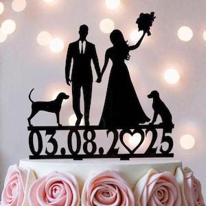 Custom Couple & Two Dogs Wedding Cake Topper with Date