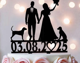 Custom Couple & Two Dogs Wedding Cake Topper with Date