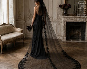 Velo de novia catedral negro: ribete de encaje con lentejuelas, velo de novia bohemio.