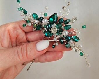 Emerald Crystal Hair Pin. Pearl Hair Piece. Prom Hair Accessories. Bridal Hair pin. Bridal hair piece VF-353