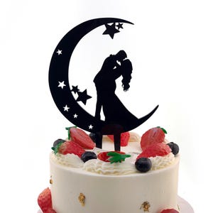 Moon and Stars Cake Topper, Mr and Mrs Wedding Cake Topper, Moon Cake Topper, Moon Silhouette, Bride and Groom Kissing Cake Topper T7