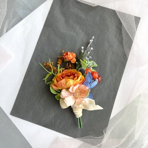 Orange Rose Grooms Boutonniere: Navy Accent Wedding Corsage