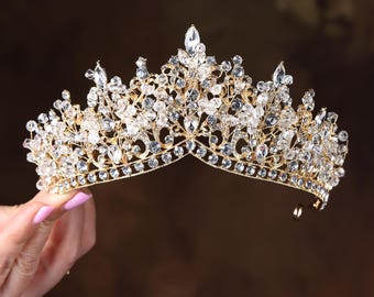 Tiara de noiva de cristal dourado: coroa de casamento vintage com strass