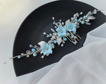 Blue wedding hair accessories Bridal hair piece Wedding headband Crystal hairpiece Rhinestone headpiece Blue flowers bridal headpiece VF-355