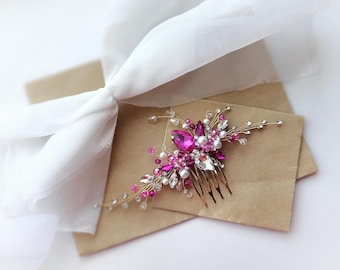 Gold Fuchsia Crystal Wedding Hair Comb, Bridal Hairpiece, 6 Inch