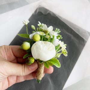 Green & White Rose Boutonniere: Groom Wedding Accessories