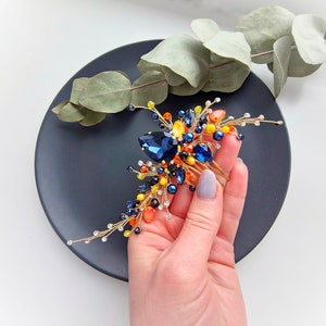 Gold Wedding Hair Comb: Navy Blue & Orange Crystal Bridal Hairpiece