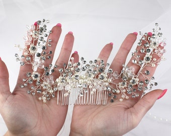 Pettine per capelli da sposa con strass perlati. Pettine per capelli da sposa in argento. Pezzo per capelli da sposa in cristallo. Gioielli per capelli da sposa. Pettine per capelli floreale SLcomb0146s