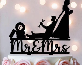 Mechanic Wedding Cake Topper: Bride, Groom, Wrench Tools