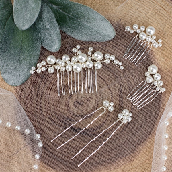 Pearl bridal hair combs and hair pins set. Silver wedding hair combs and hair pins. Pearl hair accessories. Prom jewelry set SLcomb0184s