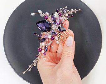 Purple Crystal Wedding Hair Comb. Rose Gold Bridal Comb. Bridal hairpiece. Bridesmaids hair comb. Wedding hair jewelry Prom hair comb VF-528