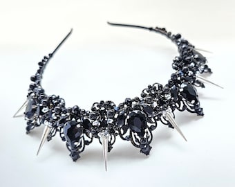 Coroa de noiva de cristal preto: tiara de casamento gótica com pontas