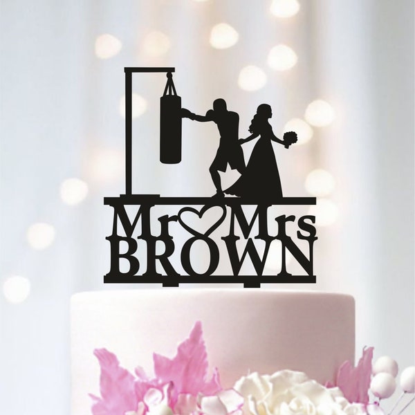 Boxing wedding cake topper last name, bride and groom boxing sports wedding cake topper, funny wedding cake topper, bride and groom topper