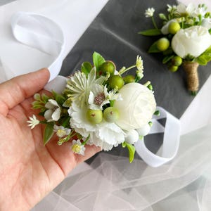 White Rose Bridal Corsage: Flower Wrist Bracelet with Ribbon