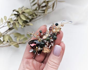 Burgundy Moss Agate Wedding Hair Clip: Gold Wedding Hair Piece