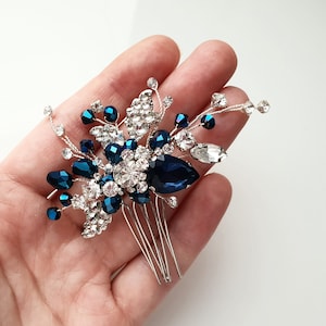 Navy Blue Crystal Bridal Hair Comb: Silver Wedding Hair Jewelry