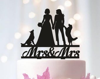 De gâteau de mariage lesbien entièrement personnalisé avec deux chiens, de gâteau deux femmes, de gâteau lesbien avec des chiens, de gâteau Mme et Mme T123