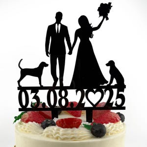 Custom Couple & Two Dogs Wedding Cake Topper with Date