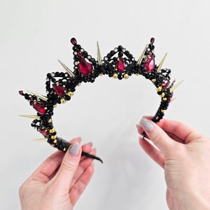 Gothic Bridal Crown: Black & Red Crystals, Gold Spikes, Evil Queen Tiara