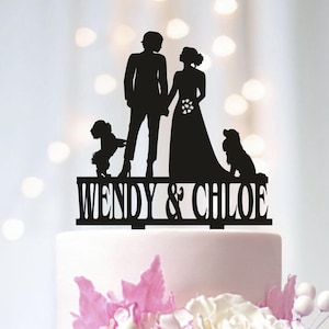 Lesbian Wedding Cake Topper with dogs, Mrs and Mrs Couple with dog Cake Topper, LGBTQ Cake Topper, Same Sex Cake Sign, Pride Cake TopperT276
