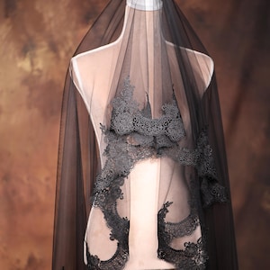 Black Wedding Veil, Decorative Long Bridal Veil, Boho Wedding Veil, Lace Edge Bridal Veil, Halloween Wedding, Gothic Wedding YEC0439bl