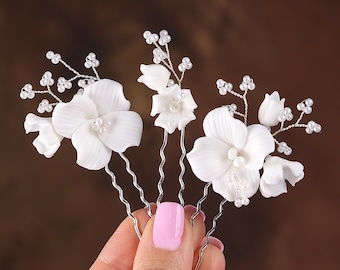 Porcelain Flower Hair Pins Set of 3, Bridal Wedding Hair Accessories, Floral Updo Pins