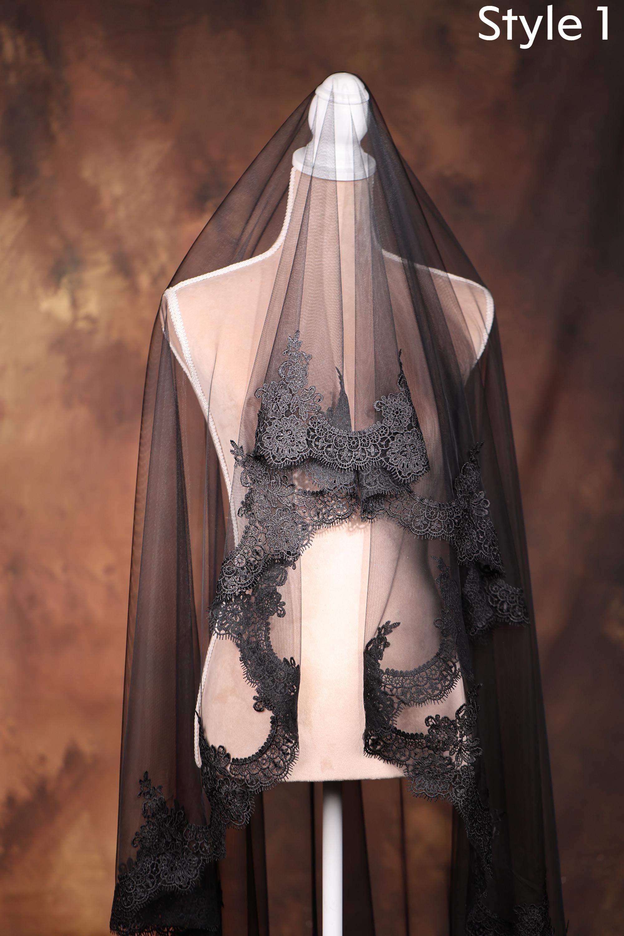 Pamor Velo Da Sposa Nero Mantilla, Pizzo Tulle Cattedrale Con Pettine, Gotico Halloween Per Addio Al Nubilato