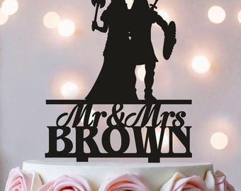Viking Wedding Cake Topper: Medieval Mr & Mrs Couple with Swords