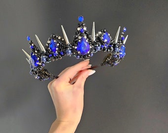 Royal blue and black tiara, Black bridal crown Evil queen crown Black crystal crown Gothic tiara Black wedding tiara Gothic headpiece VF-535