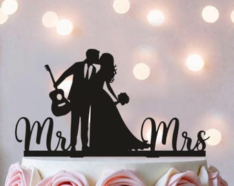 Guitar Wedding Cake Topper: Personalized Mr & Mrs Musician Silhouette