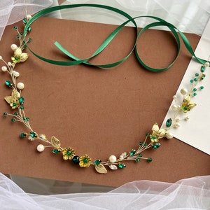 Stunning Green Gold Ivory Jewel Bridal Sash, Rhinestone Pearl Bead Wedding Dress Belt, Beaded Applique Sashes, pearl belt VF-13