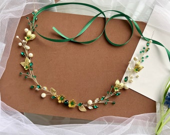 Stunning Green Gold Ivory Jewel Bridal Sash, Rhinestone Pearl Bead Wedding Dress Belt, Beaded Applique Sashes, pearl belt VF-13