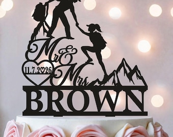 Hiking Couple Wedding Cake Topper: Mountain Adventure