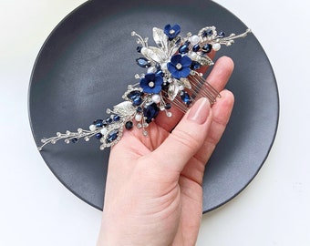 Blue wedding hair accessories. Bridal hair piece. Wedding headband. Crystal hairpiece. Silver headpiece. Flower bridal headpiece VF-608