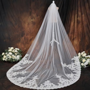 Ivory Cathedral Wedding Veil: Sequined Floral Lace, 120 Inches