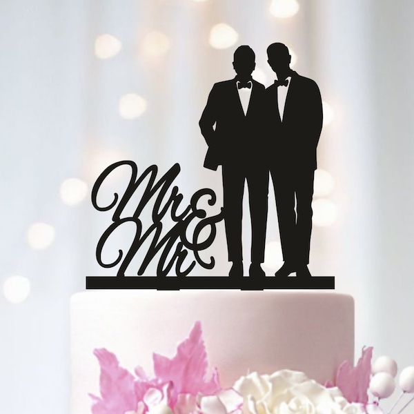 Gay cake topper for wedding, gay bachelor party décor, Mr and Mr silhouette two grooms for cake