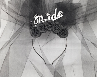Gothic Bride Headband: Black Veil, Rose Crown, Halloween Hen Party